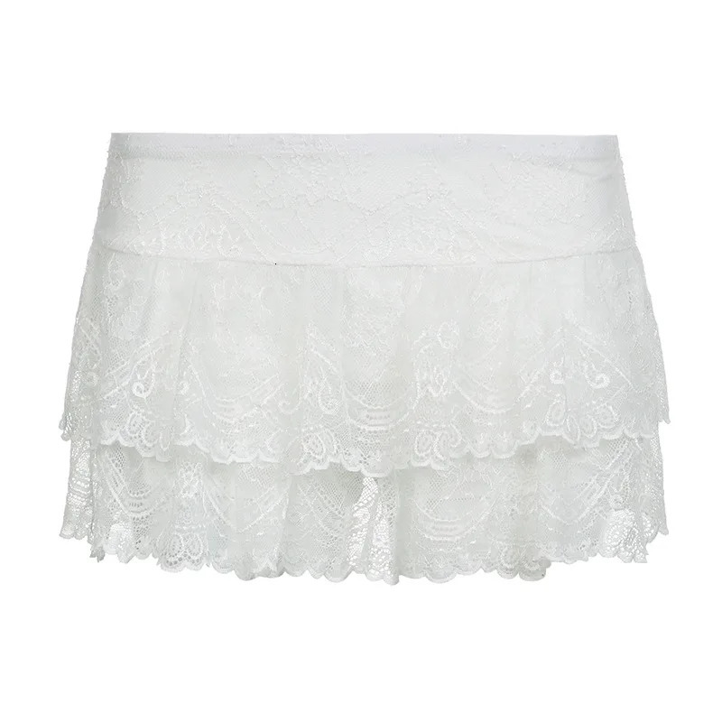 Lace Tulle Skirt A-line Miniskirt Black Solid Low Waist Tiered Lace Shorts Skirts Womens White Fairycore Micro Boho Skirt 260306