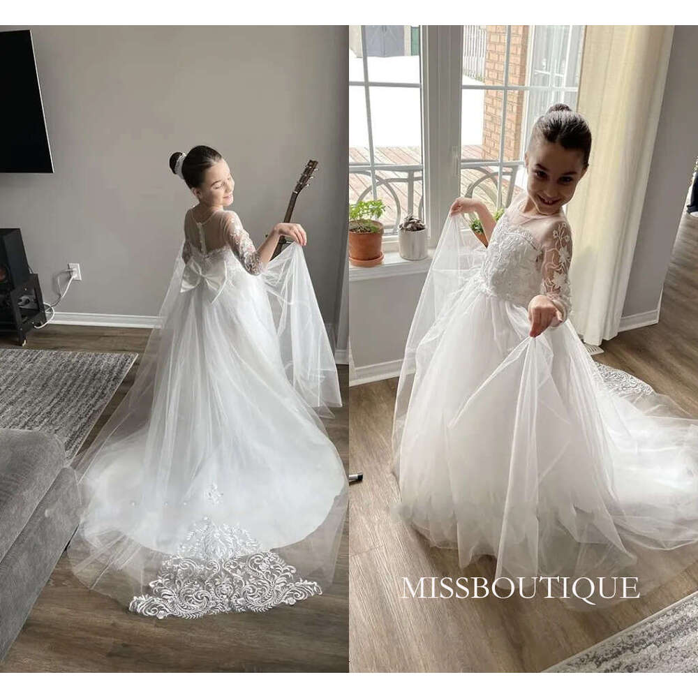 Cute Boho Lace Flower Girl Princess A Line Sheer Tulle Long Sleeves Crew Neck Appliques Big Bow Sash Back Kids Formal Party Birthday Communion Dresses