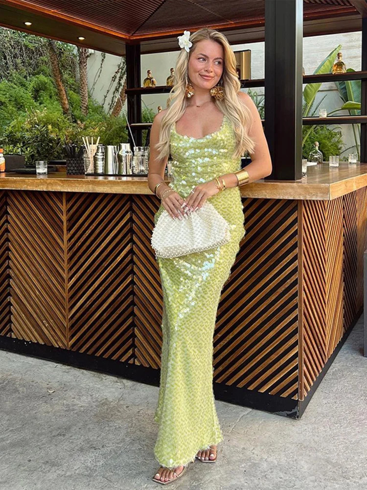 Beaded Sequins Backless Long Dresses Women Sexy Lace Up Slim Halter Beach Dress Lady Elegant Summer Low Out Robe Holiday Party 260306