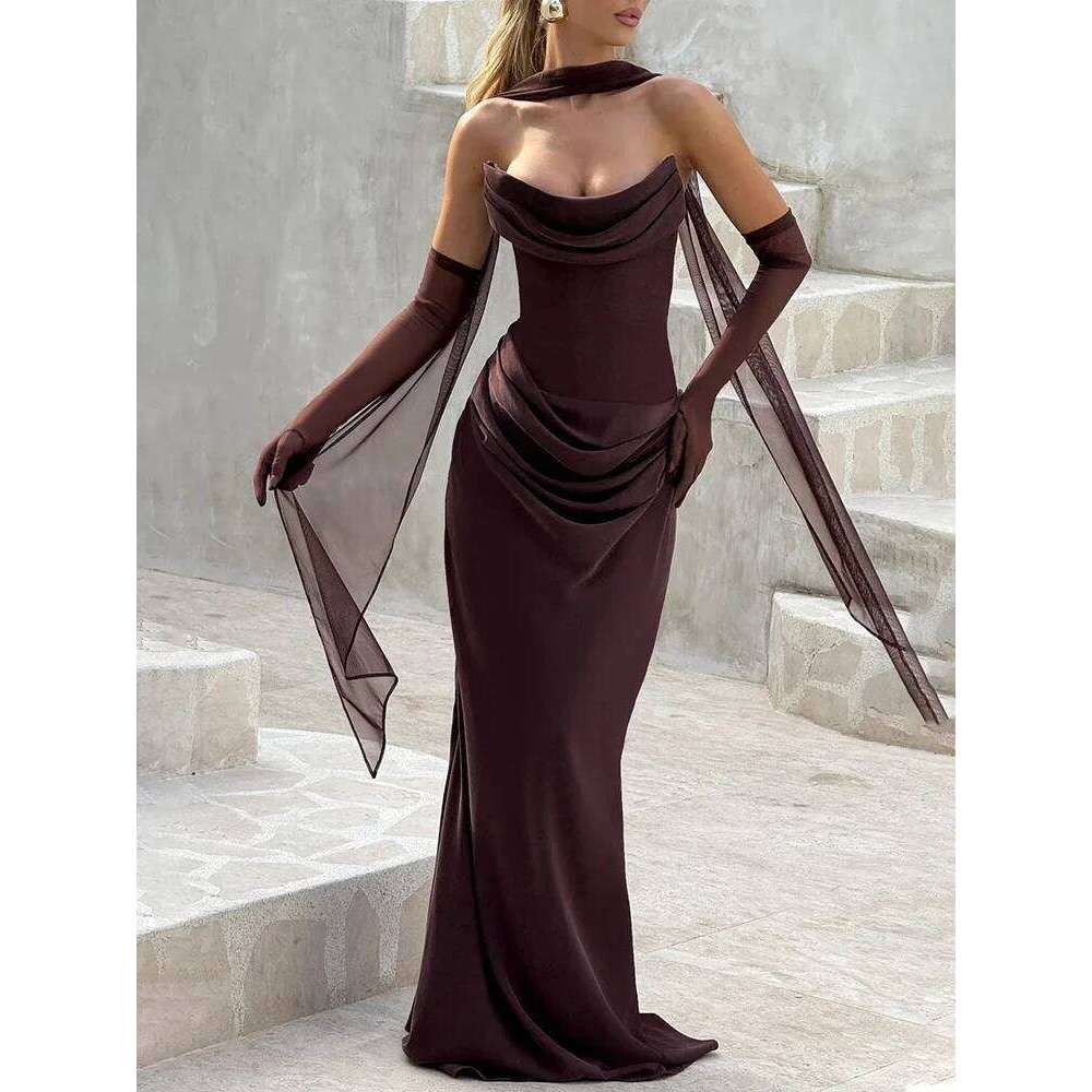 Off-shoulder Backless Sexy Maxi Dress Women Gown Elegant Scarf Collar Strapless Sleeveless Bodycon Club Party Dresses C260312