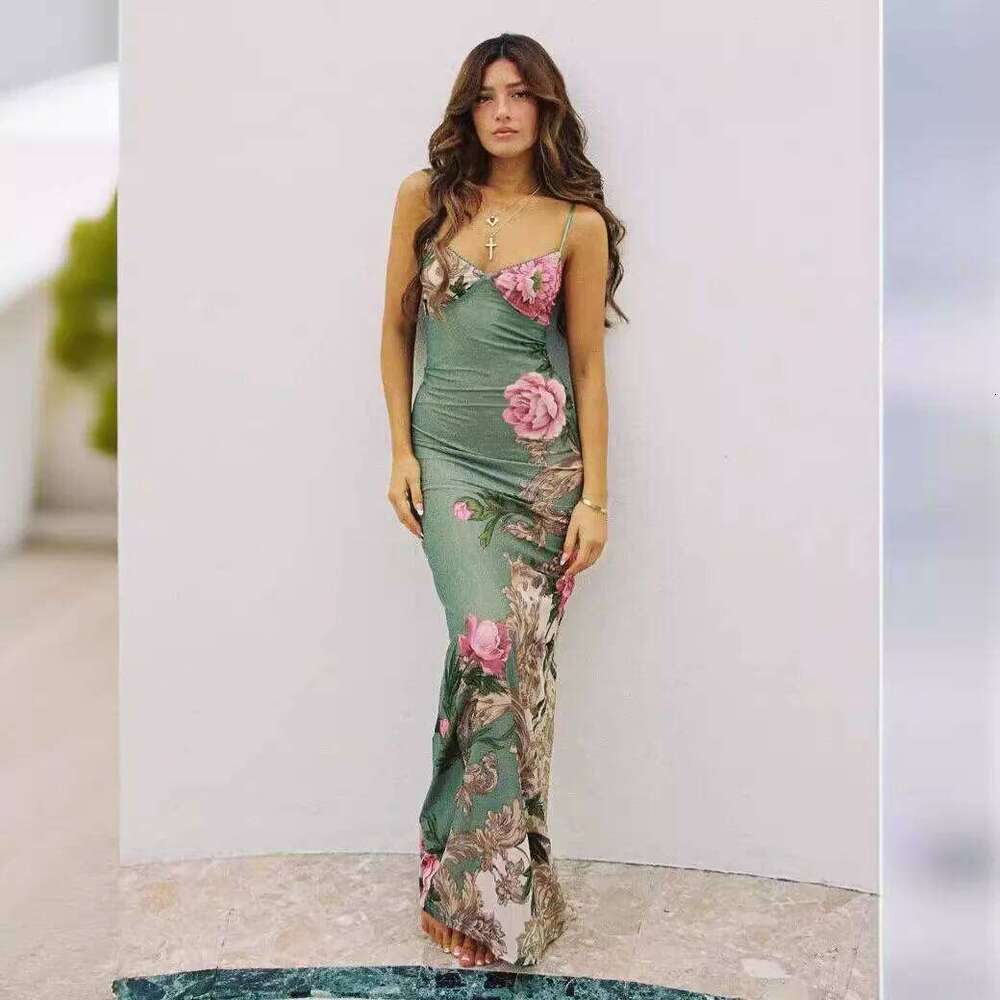 New Summer Women's Long Sling Floral Printed Backless Fashion Party Ladies Dresses Club Sexy Suspender Dress C260311