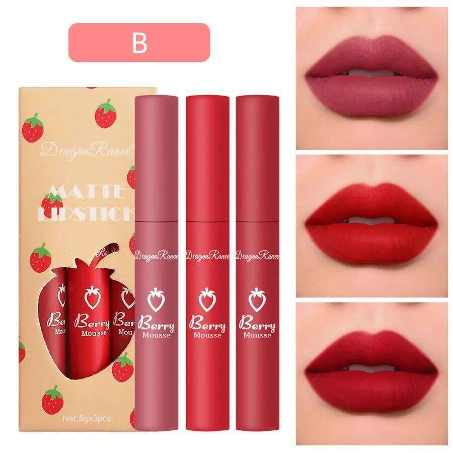 3-Piece of Velvet Matte Lipstick, Small Orange Milk Tea Bean Paste Color Gloss, Easy to Apply, Non-Fading, Non-Stick Cup Lip Gloss Set Box W260311