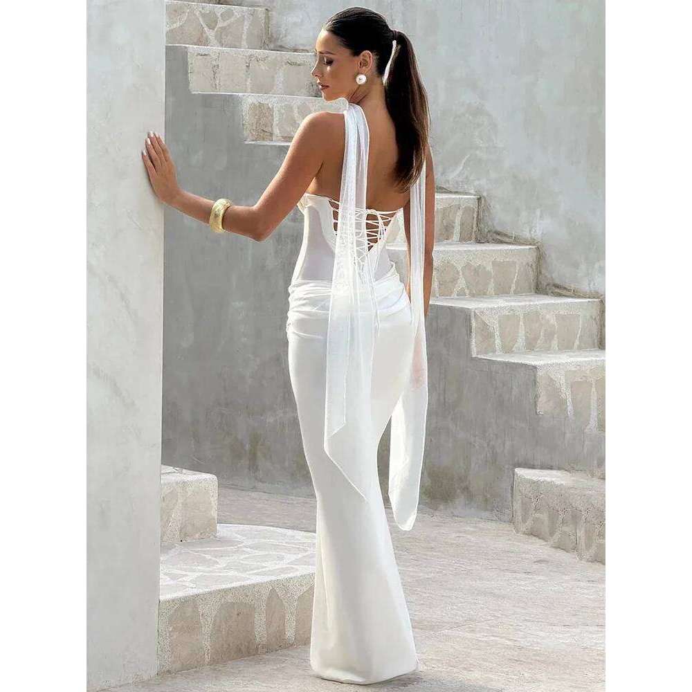 Off-shoulder Backless Sexy Maxi Dress Women Gown Elegant Scarf Collar Strapless Sleeveless Bodycon Club Party Dresses C260312