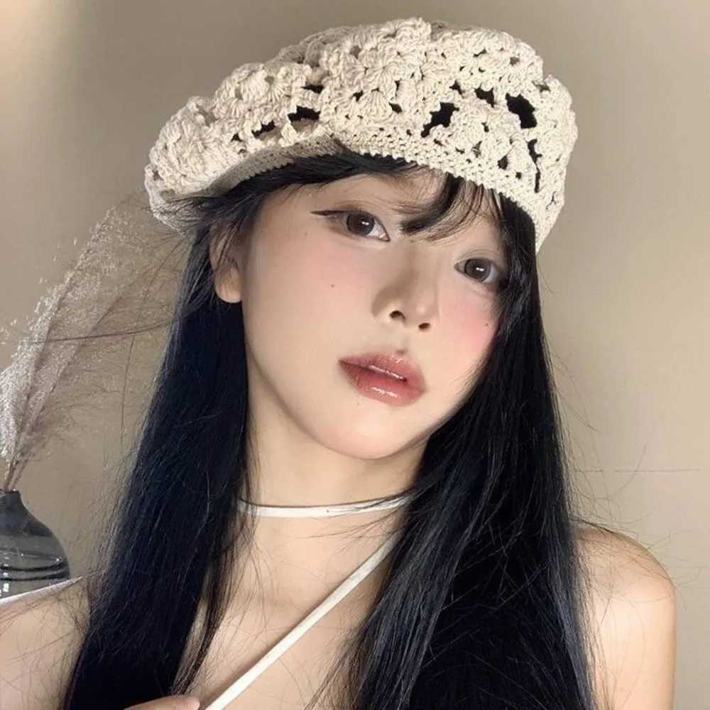 Brimless Breathable Flower Hat Japanese Style Thin Hollowed Out Beret All-match Headgear Crochet Knitted Cap Women H260312