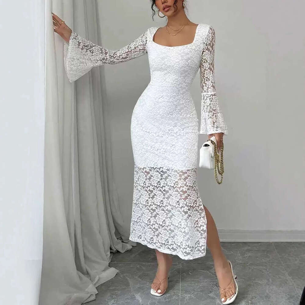 European and American style 2025 autumn new split skirt sexy fashion lace splicing square neck bell sleeve slim-fit dress