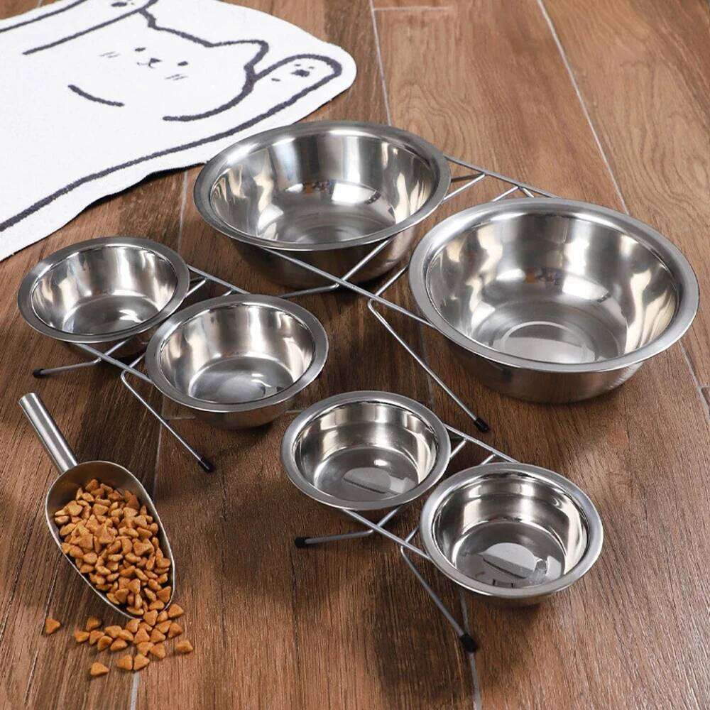 1pc S/M/L Stainless Steel Floor-standing Double Bowl Fall-proof & Durable Line Iron Frame Feeder Dog Bowls for Pet Dogs Cat 26Y0312