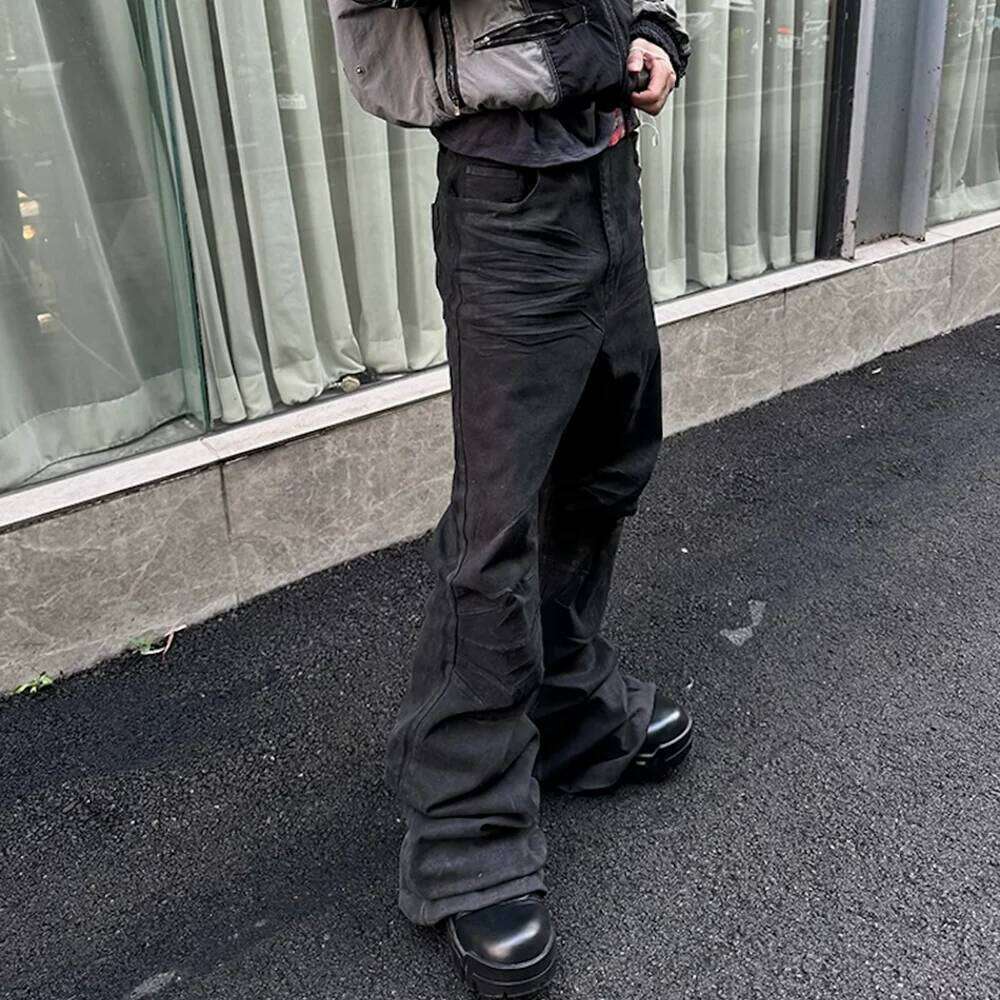 Streetwear Black Glue Coated Boot Cut for Men and Women Straight Baggy Casual Flare Pants Oversized Loose Denim Trousers 26Y0312