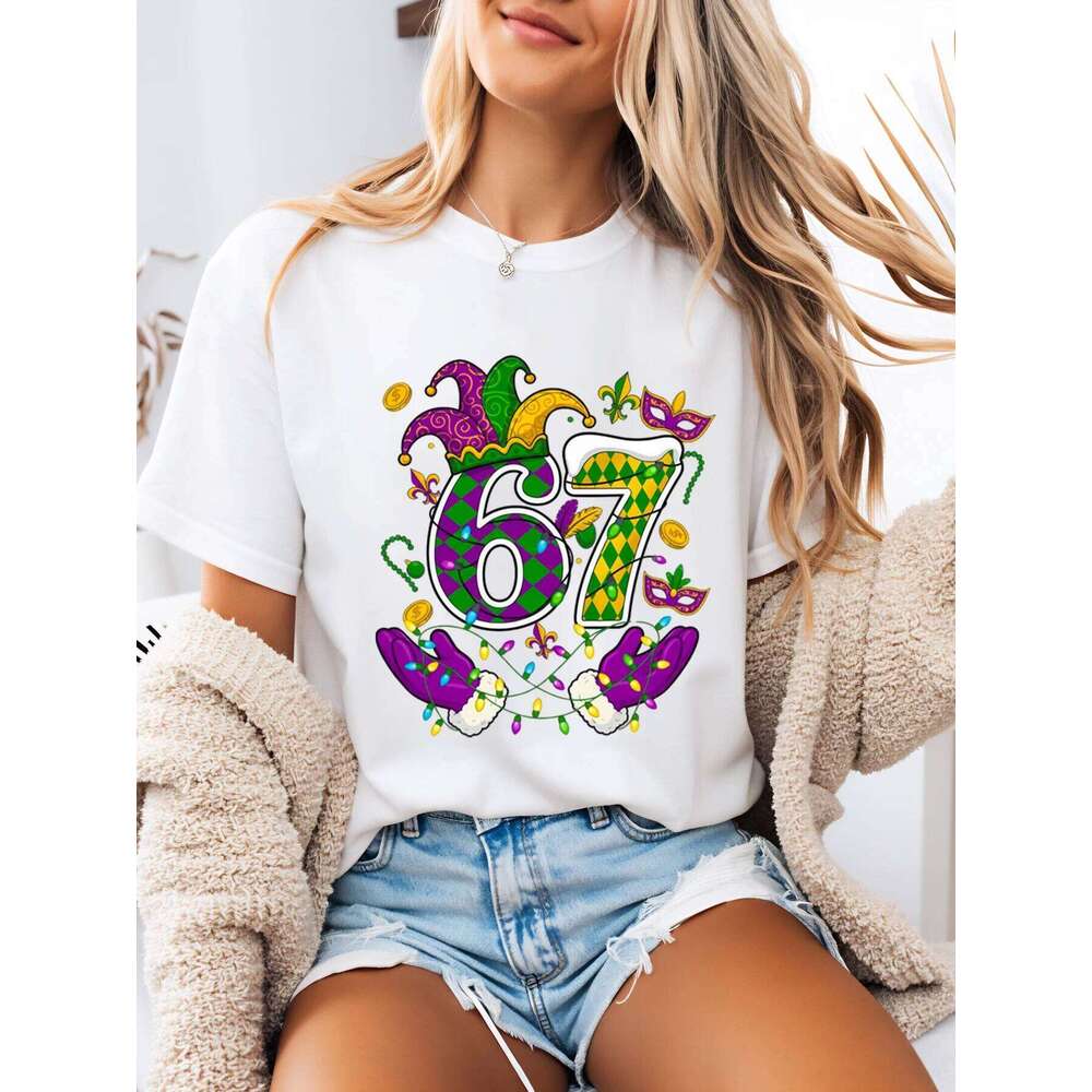 Mardi Gras 67 Jester Hat Mask Lights T-Shirt Women Party Celebration White Plus-Size Z260312
