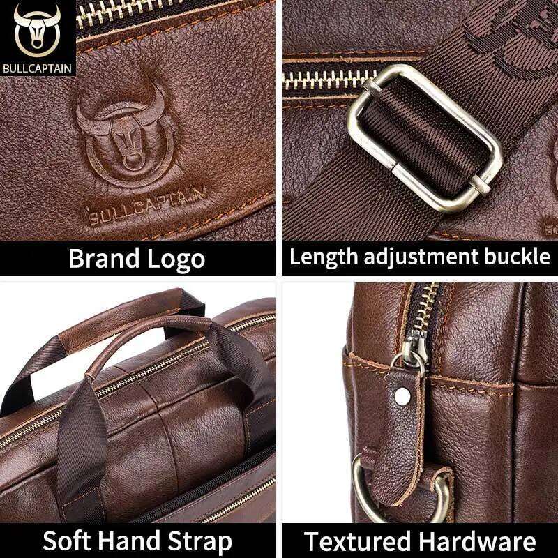 BULLCAPTAIN Shoulder Messenger Bags Genuine Leather 14-inch Laptop Bag's Men's Briefcase Office Business Handbag
