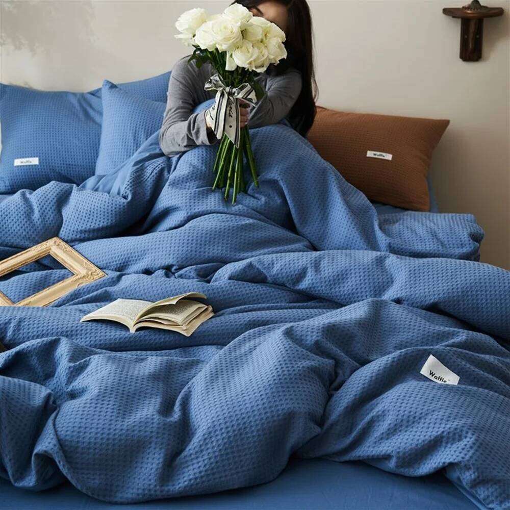 Ins Style Solid Color Waffle Cotton Duvet Cover Four Piece High Beauty Quilt Bed Sheet Bedding Set H260312