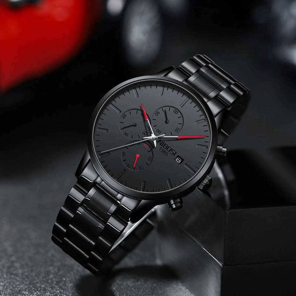 NIBOSI Men's Analog Minimalist Black Dial for Men Business Chronograph Military Stainless Steel Wrist Watches