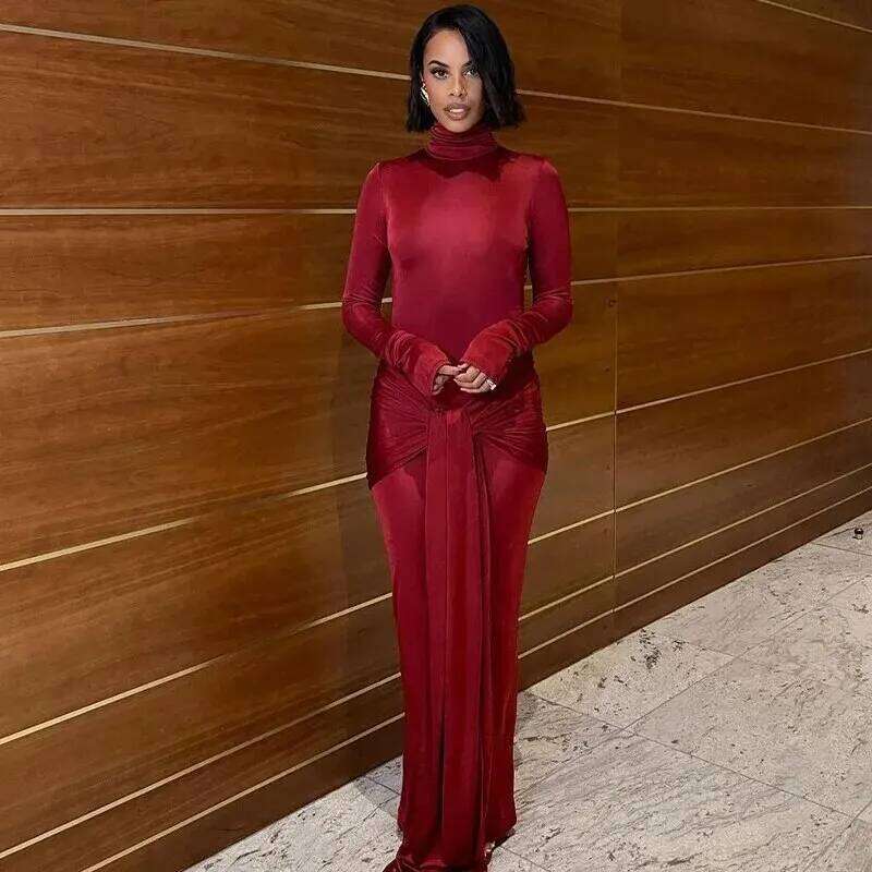 Hawthaw Women 2024 Spring Autumn Elegant Sleeve Party Club Streetwear Bodycon Red Long Dress Items For Business C260312
