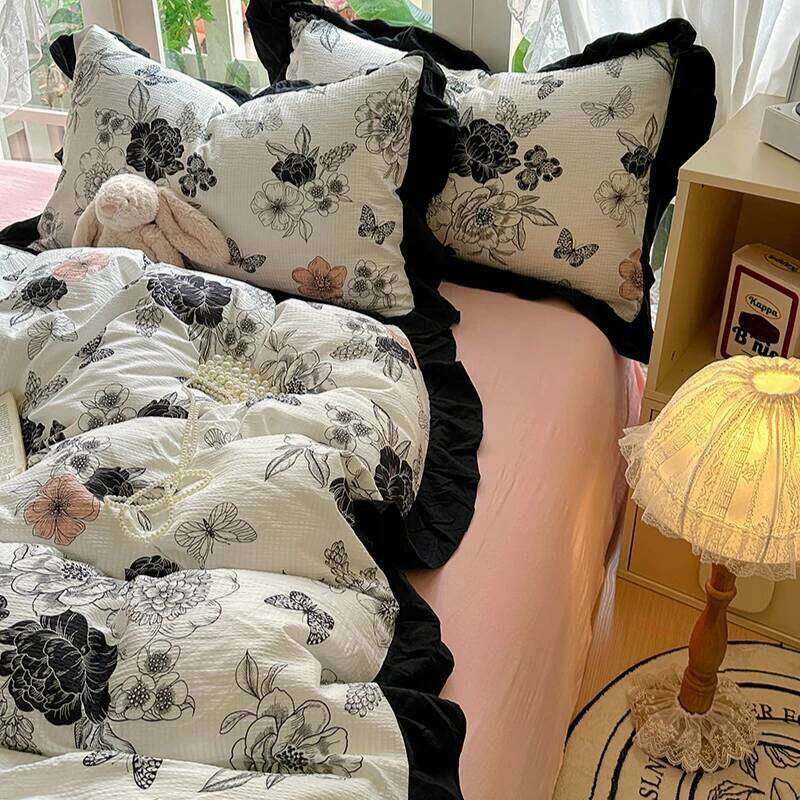 2025 New French Lace Wash Quilt Cover Korean-style Romantic Herben-style Black Print Four-piece Skin Friendly Bedding Set H260312