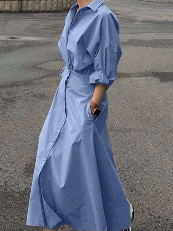 Modigirl Casual Long Shirts 2025 Summer Spring Clothes Khaki Puff Sleeves Botton Simple Maxi Dresses for Women C260312