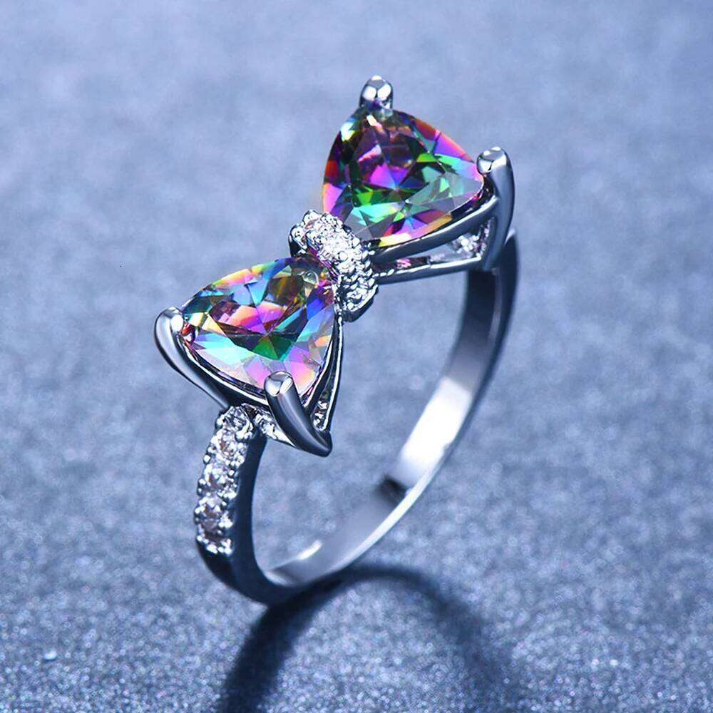 Huitan Personality Multi-colored CZ Bow Rings for Women Fancy Bride Wedding Ceremony Party Finger-ring Nice Gift Fashion Jewelry H260312