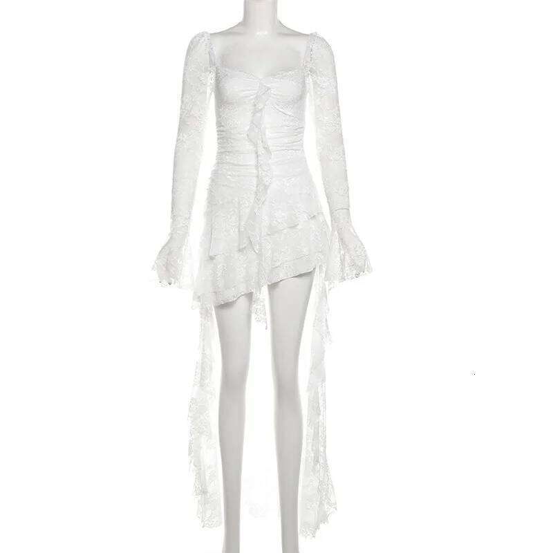 Goth Dark Fairycore Lace Flare Sleeve Square Neck A-line Dress Sweet E-girl Irregular Long Hem Dresses Cyber Y2K Party Vestido C260311