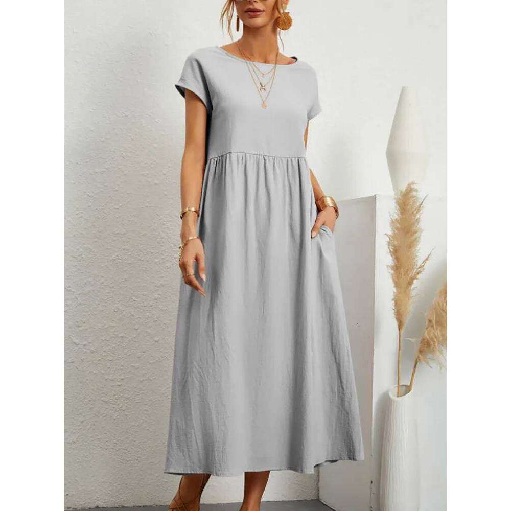 Women Vintage Solid 2023 Summer Elegant O Neck Short Sleeve Cotton Linen Dresses Female Casual Loose Sundress Long Dress C260312