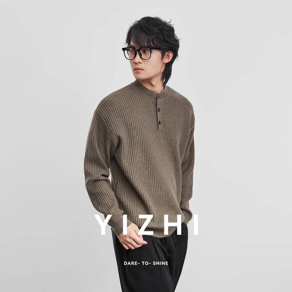 Fashion Men's 7-needle Henley Collar Vertical Knit Sweater 2026 Spring New Loose Solid Color Versatile Long Sleeve Pullover