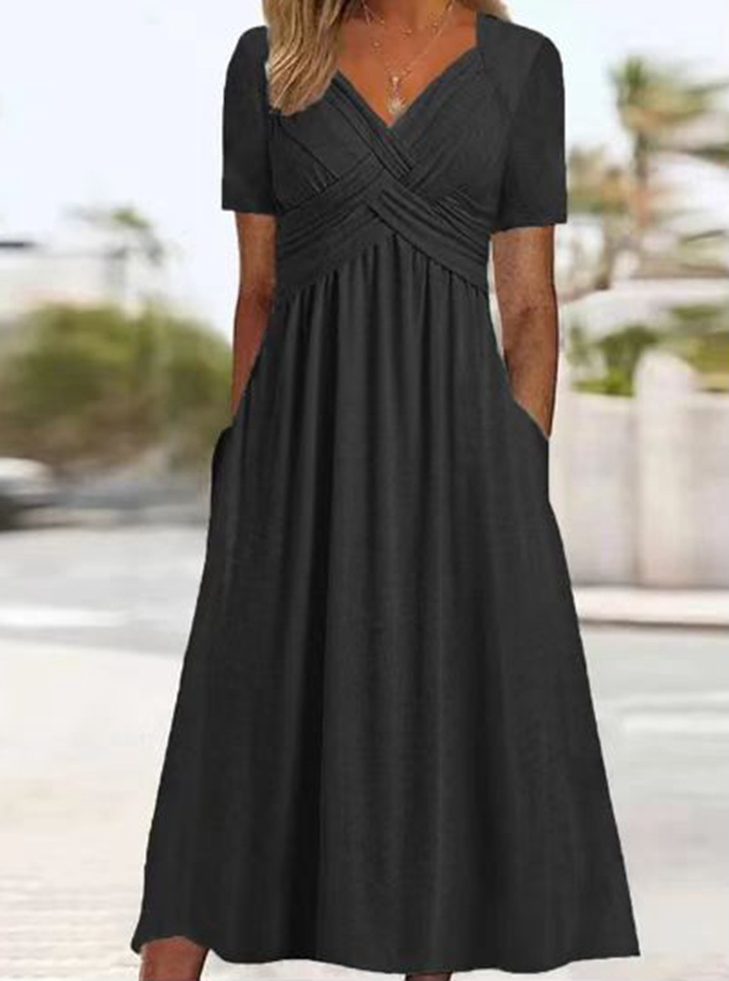 Basic & Casual Dresses 2026 Summer Solid Color Dress Fashionable And Casual V-neck Short Sleeved Mid To Long Length Dress Women's Clothing