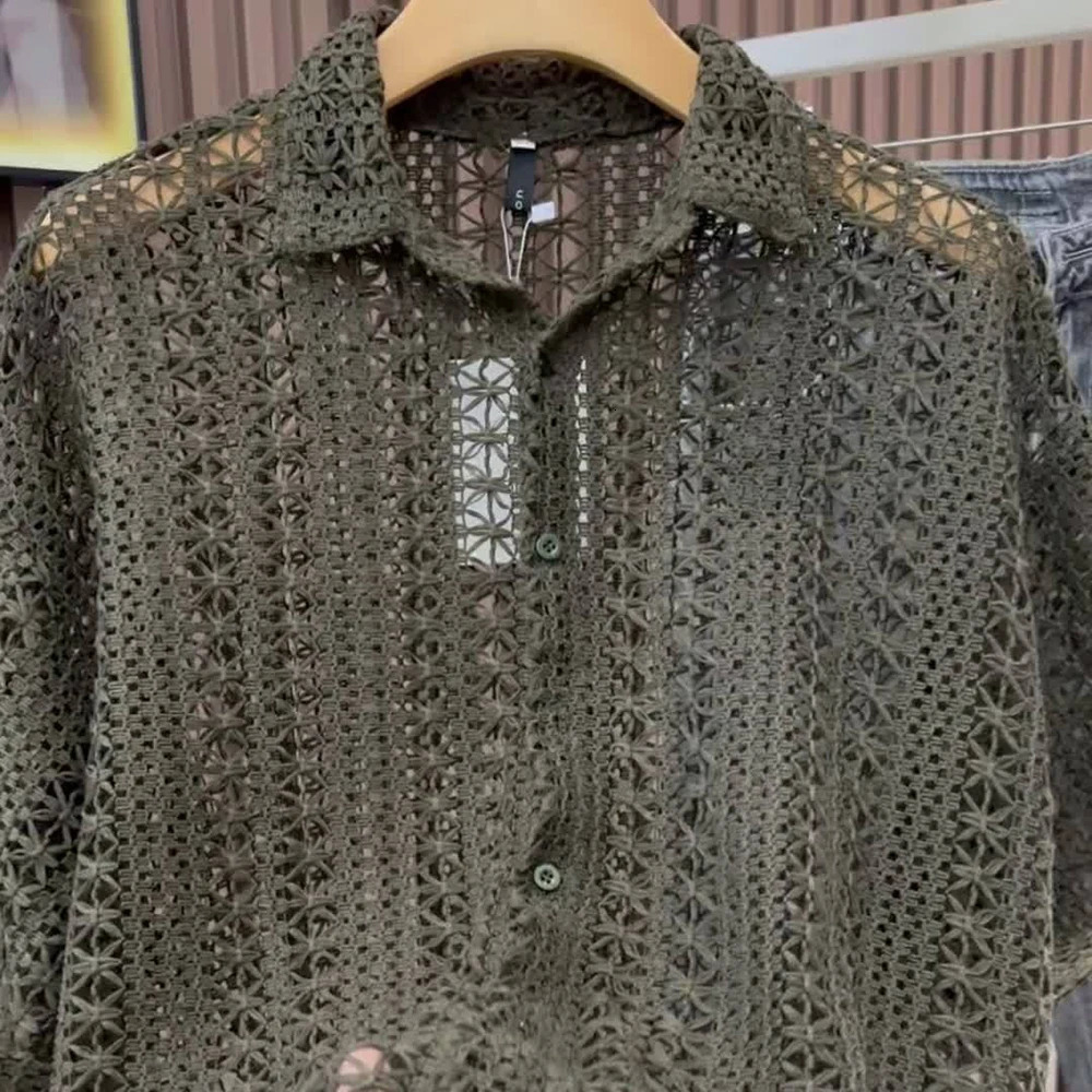 Mens Knitted Hollow Short-Sleeved Shirt American Retro Fashion Trend Simple Loose Breathable Vacation Summer Mens Tops 260311