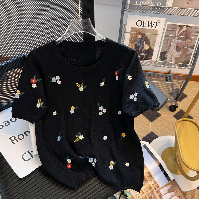 Plus Size Summer Dress Women Loose Round Designer Shirt Neck Youthful Polo Shirt Embroidery Stylish Short Sleeve Ice Silk Knitted Designer Hoodie T-sh