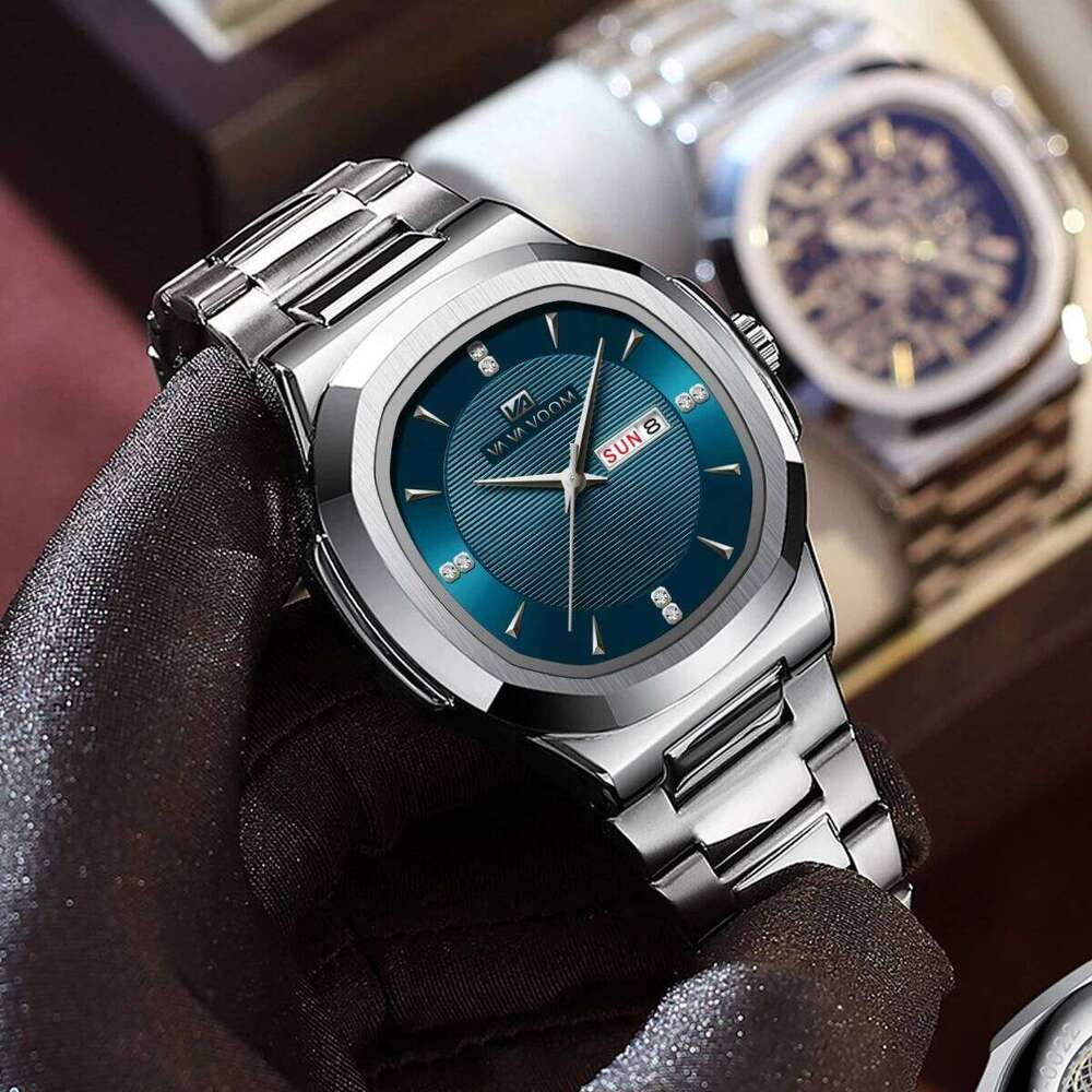 VA VOOM Brand Men Stainless Steel Watch Fashion Rhinestone Quartz Movement Classic Clock Gorgeous Watches Relogios Masculino