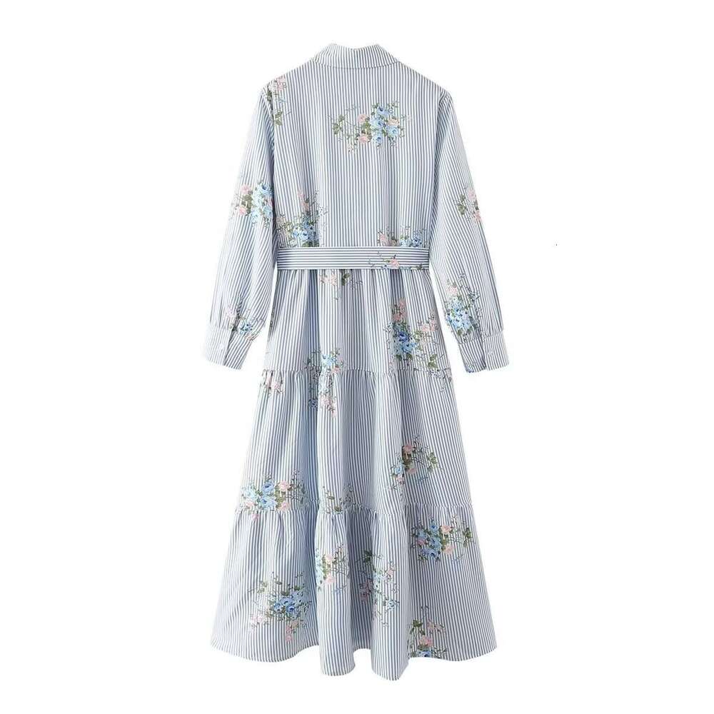 2025 Foreign Trade Cross-Border European and American Women's Long-Sleeve Striped Floral Shirt Dress