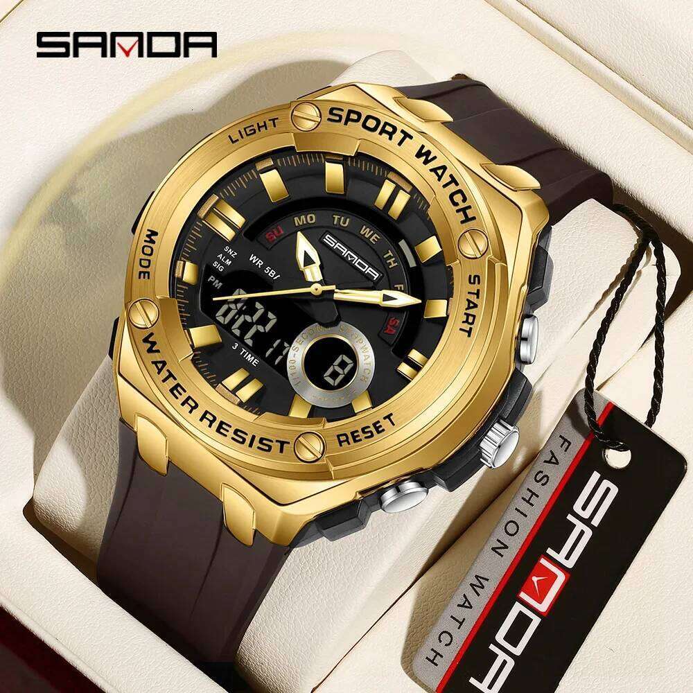 SANDA New 3190 Dual Display Sports Multi functional Waterproof LED Night Light Men's Electronic Watch