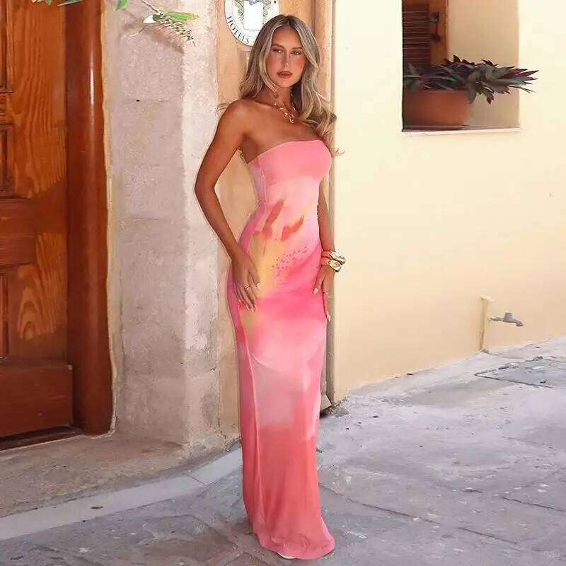 Women's Floral Print Backless Strapless Summer Party Holiday Vacation Beach Streetwear Fashion Sleeveless Long Dress C260311