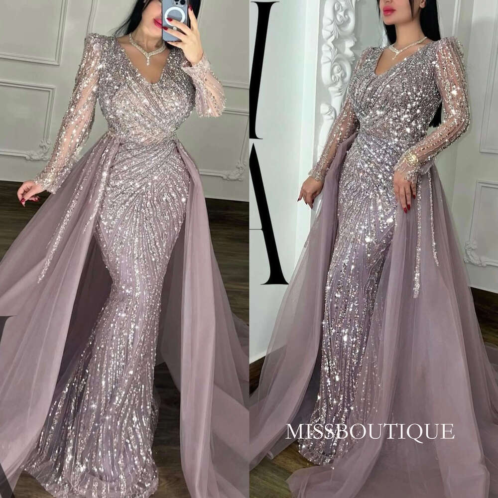 Luxurious Purple Crystal Mermaid Evening With Train V Neck Long Sleeves Beaded Prom Dress Arabic Muslim Formal Dresses For Women Bc19384 B0312
