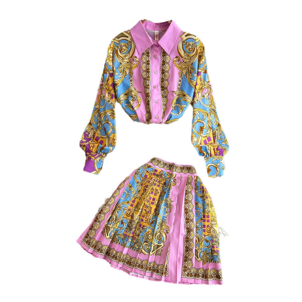 Women's Fashion Set Korean Elegant Long Sleeve Collar Single breasted a21 Printed Shirt Two Piece Set High Waist Skirt