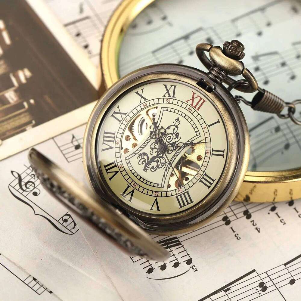 Vintage luxury wooden ring skeleton flip Roman numeral manual winding mechanical pocket watch reloj de bolsillo