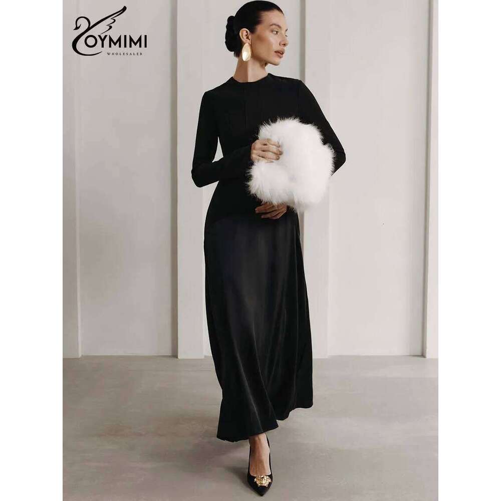 Oymimi Elegant Black O-Neck Womens Fashion Long Sleeve Patchwork Slim Dresses Casual New Straight Ankle-Length Dress C260312