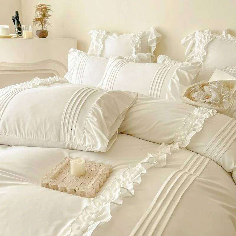 Princess Washed Cotton Bedding with Pillowcase Single Double Bed Linen Purple Duvet Cover Cream Style Four Piece Set H260312