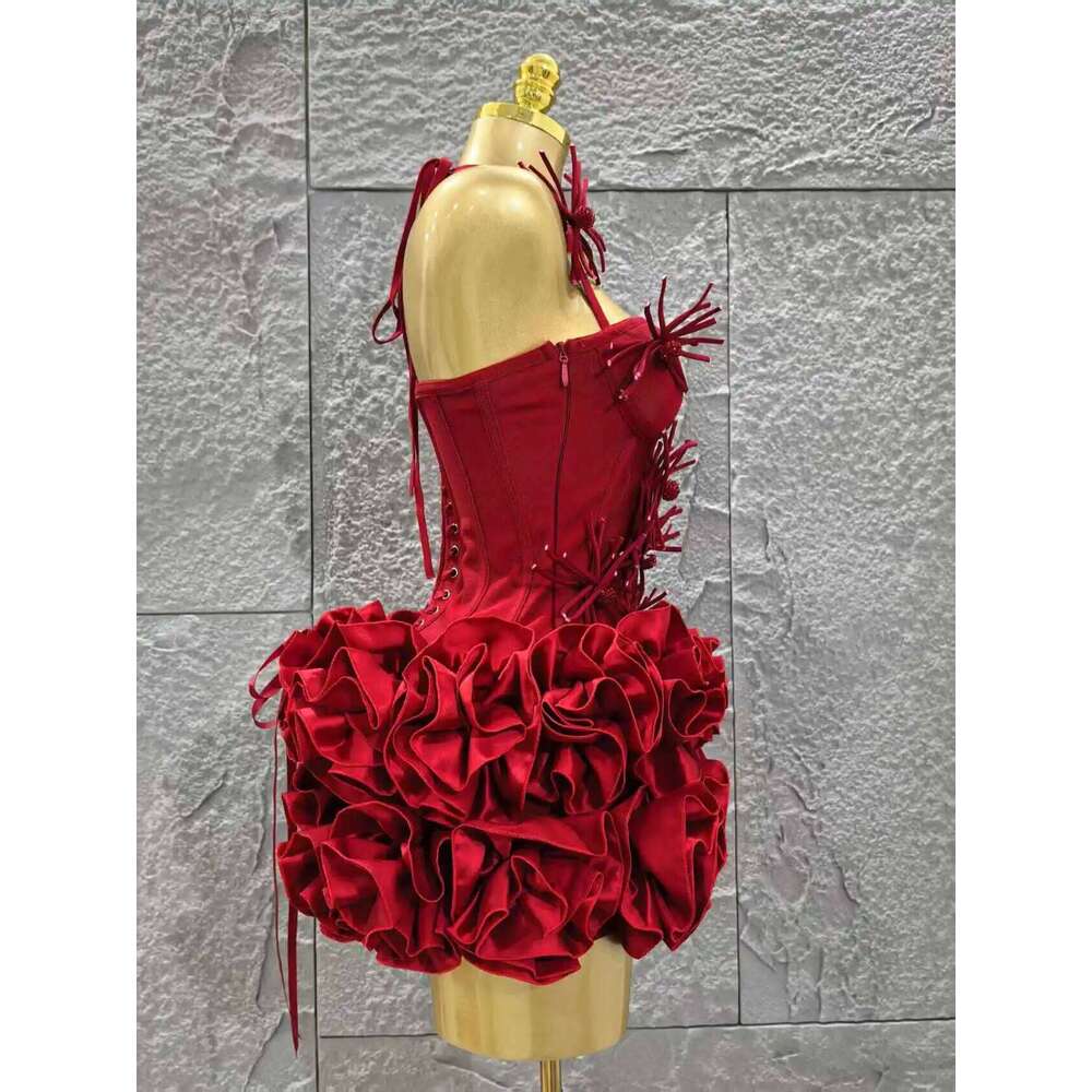 Red Color Women Sexy Halter Full Florals 2 Pieces Bodycon Mini Bandage Celebrate Nightclub Party Birthday Dress C260312