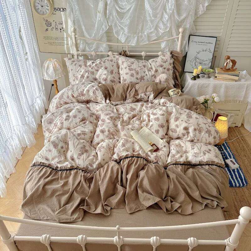 2025 new Korean French lazy puff flower edge quilt cover four-piece princess style dormitory three-piece set H260312