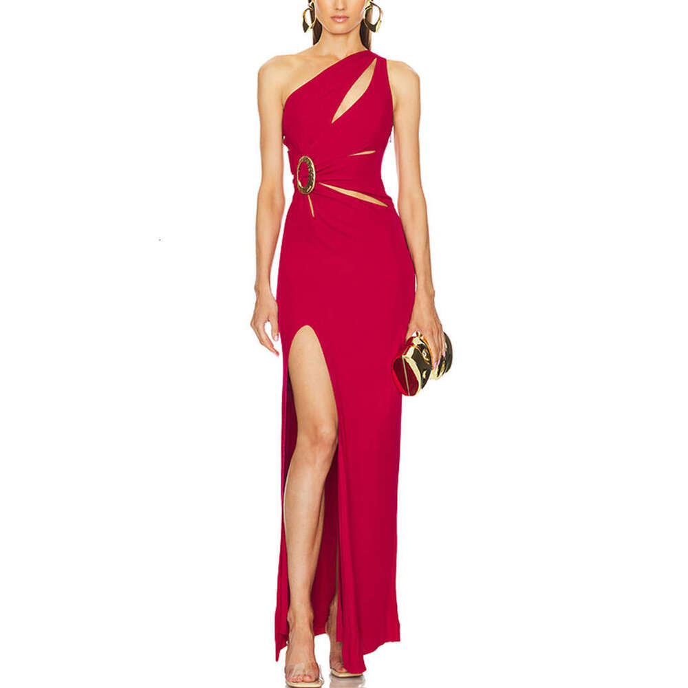 2026 spring and summer new European and American niche sexy design asymmetrical shoulders a25 slim fit high waist goddess sleeveless long skirt