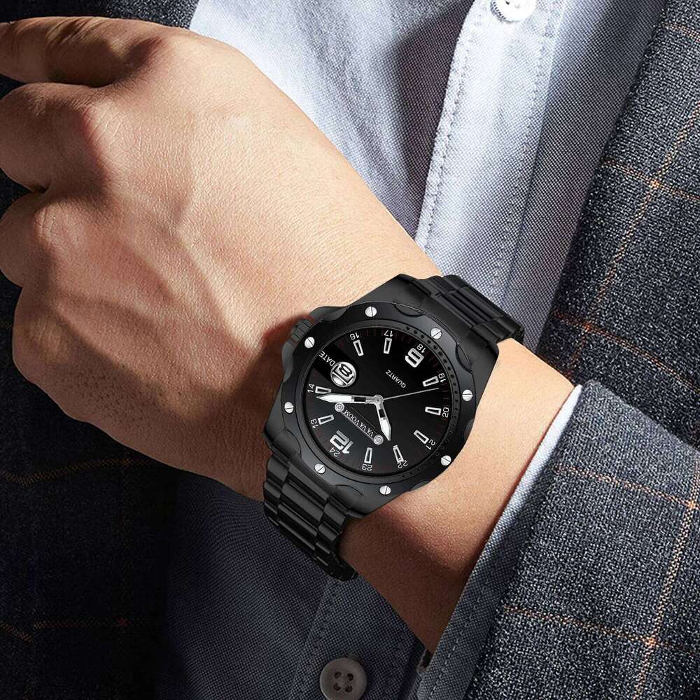 VA VOOM Brand Business Men Watch Classic Stainless Steel Silver Black Quartz Movement 43mm Diving RO Series Sports Wristwatch