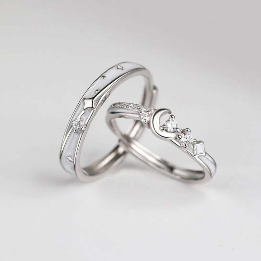 Trendy Charm 925 Sterling Silver Micro-inlay Zircon Star Moon Adjustable Couple Rings for Women Men Valentine's Day Jewelry Gift W260311
