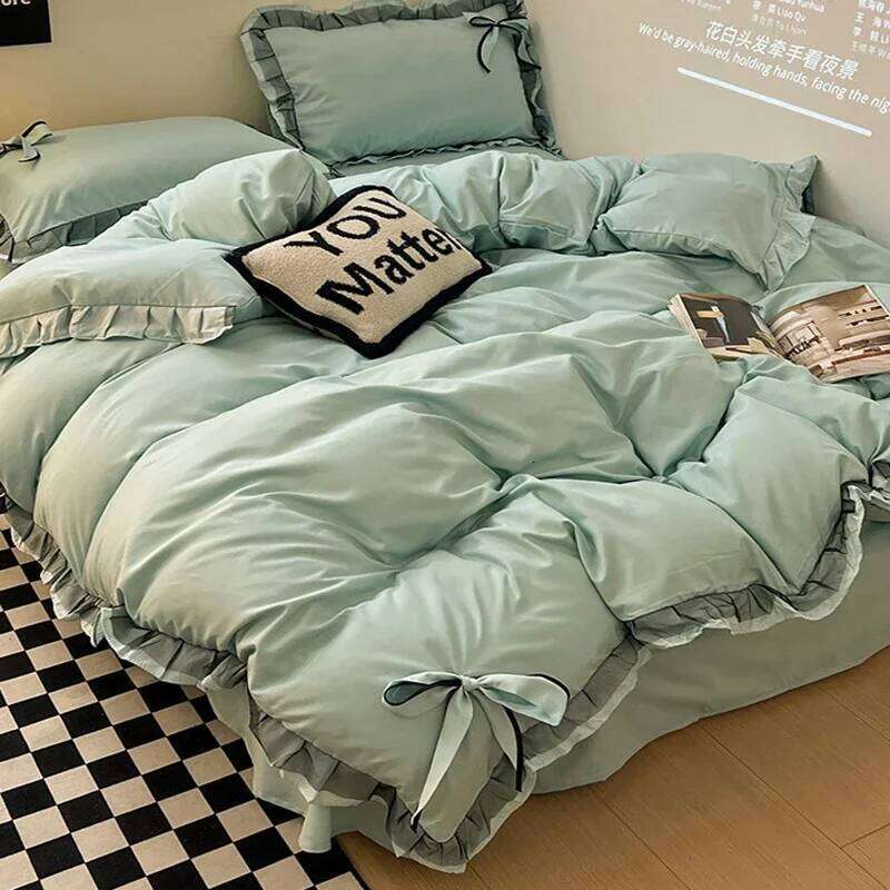 Ins Style Bow Embroidery Pure Cotton Bed Sets Princess Brushed Bedding Set with Lace Single Double Queen King Size Bedclothes H260312