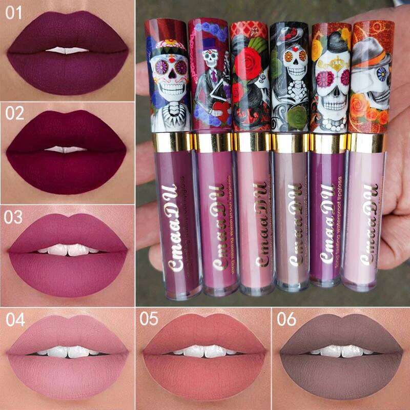 1pcs Matte Lip Gloss Long-Lasting, Waterproof, Non-Fading, for All Skin Types - Vibrant Red Shades with Floral & Skull Designs W260311