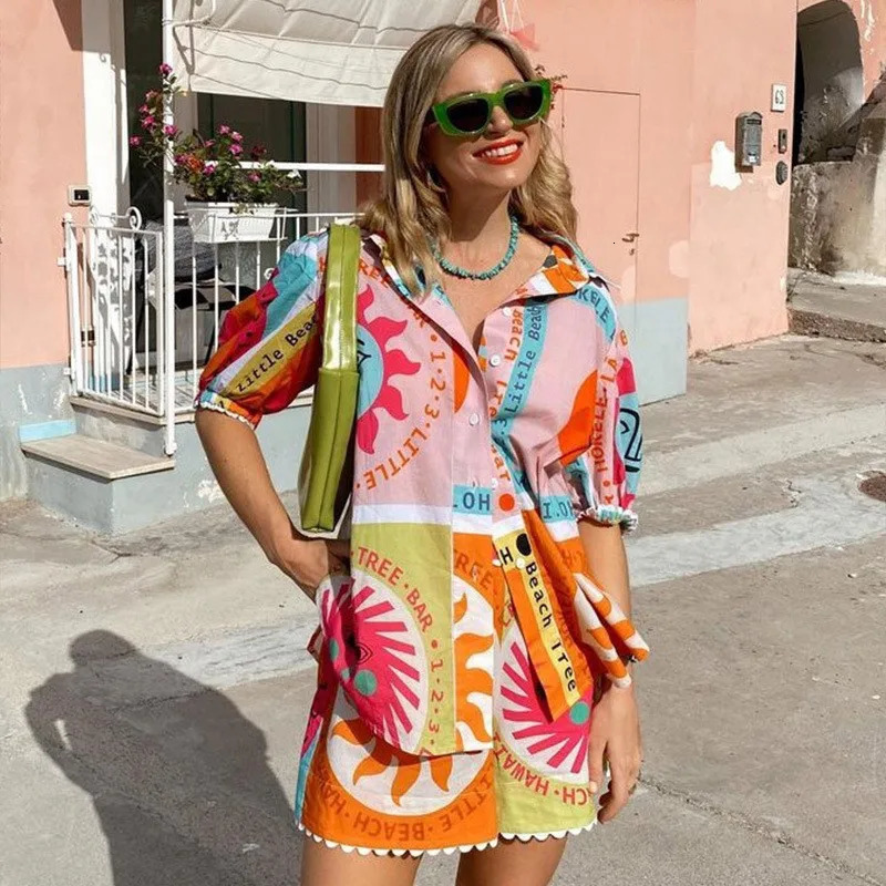 Boho Women Summer Shorts Outfits Daily Beach Sun Print Short Sleeve Button Shirts Tops Elastic Waist Shorts 2 Pieces Lounge Sets 260306