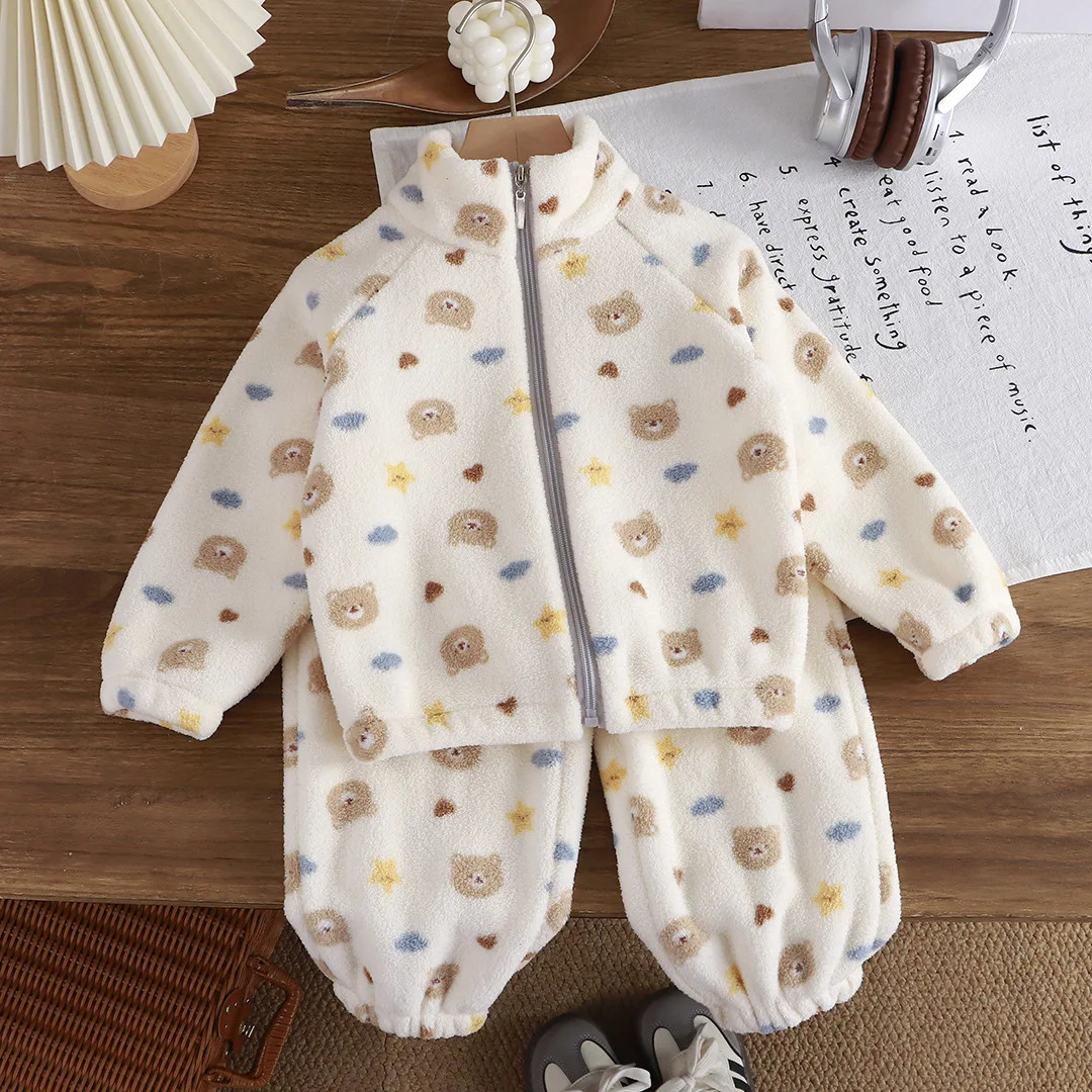 Baby Girl clothes plush thickened twopiece set of fleece cartoon casual home childrens tops and bottom sets 260311