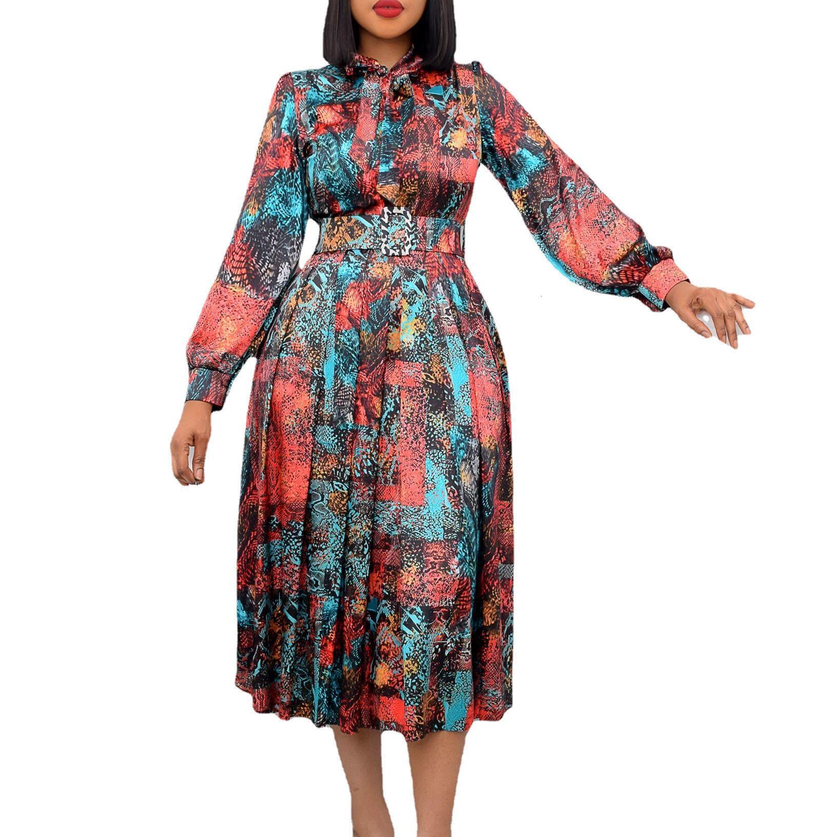 D238 Free Belt 2022 Spring New Long Sleeve High Waist Printed Plus Size Party Dress