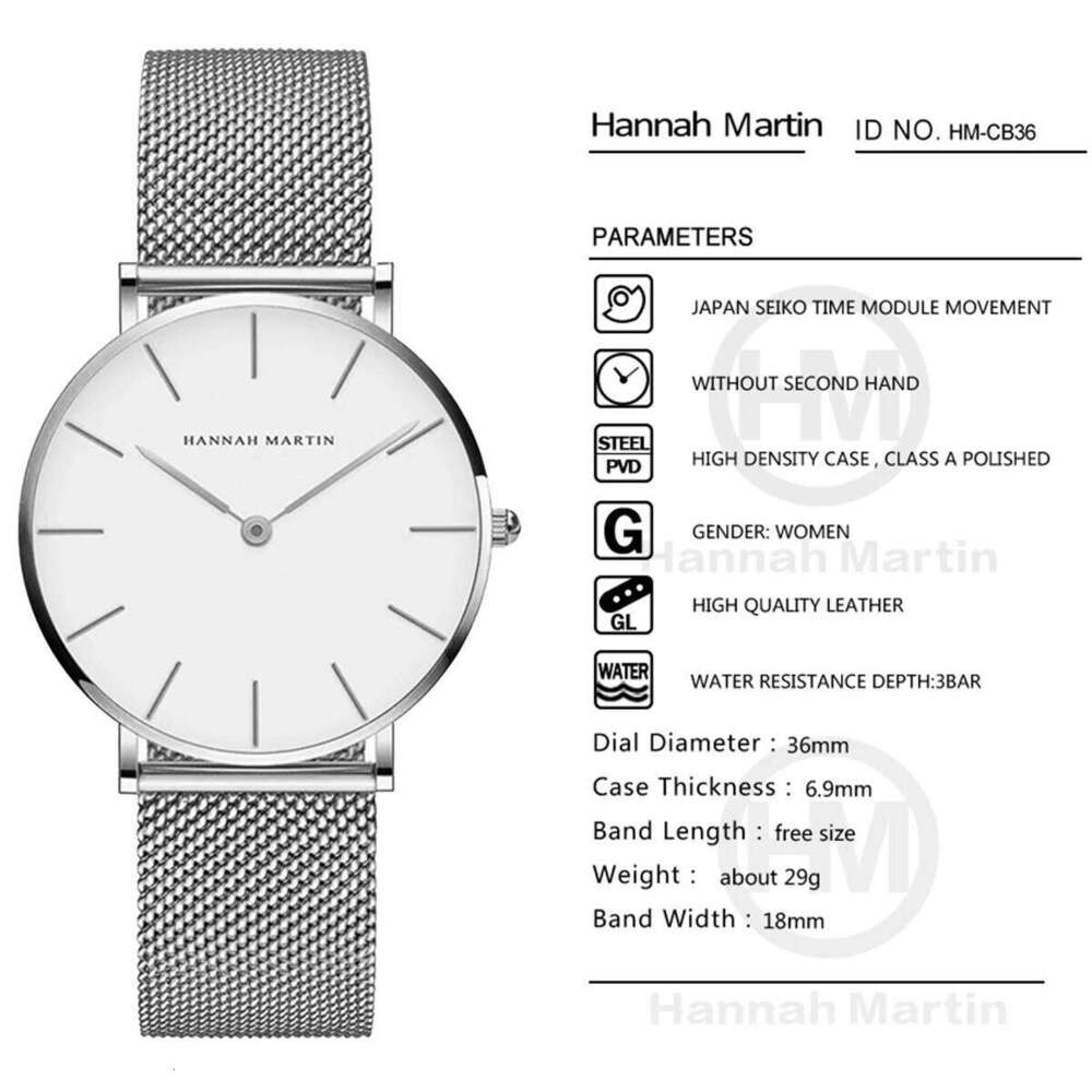 HANNAH MARTIN Brand Classic Women Quartz 36mm Rose Gold Stainless Steel Mesh Strap Japanese Movement Girl Gift Wrist Watch