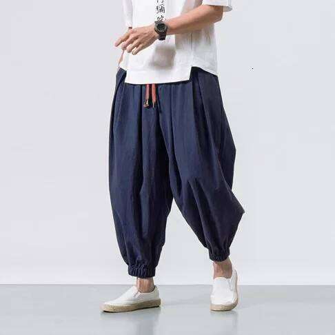 Japanese Loose Men's Cotton Pants Male Summer New Breathable Solid Color Linen Trousers Fitness Streetwear Plus Size M-4XL