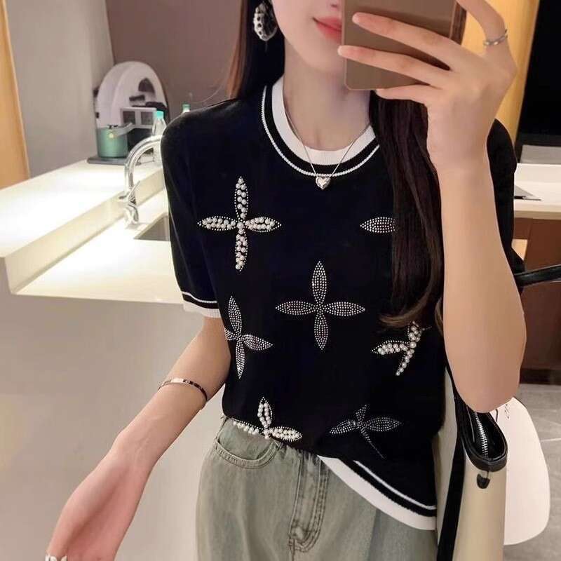 New Model Ice Silk Short-Sleeve Knit For Women, Summer New Style, Heavy-Duty Beaded And Rhinestone-Embellished Casual Thin Top