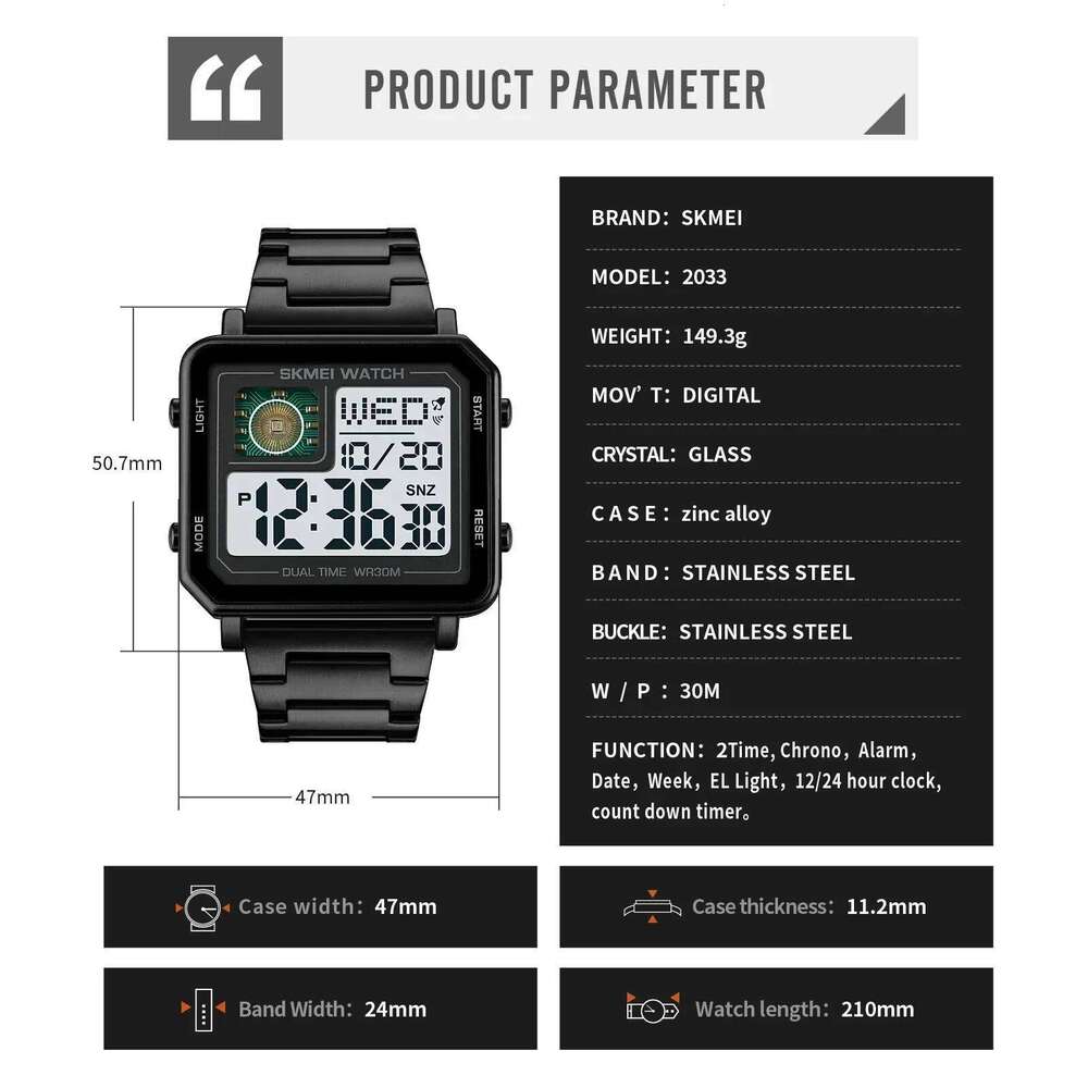 SKMEI 2033 Rectangle Mens Electronic Wristwatch Waterproof LED Square Metal Style Digital Watch for Men Sport 2025 Reloj Hombre