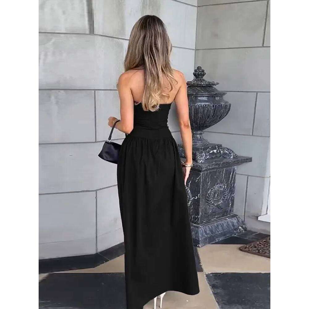 Elegant Women Solid Sleeveless Off Shoulder Maxi Dress Sexy Backless High Waist Pleated Dresses Chic Lady Club Party Robes C260312