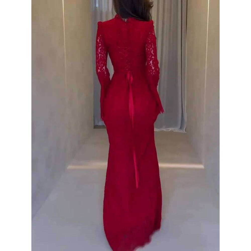 Women Elegant Embroidery Hollow Casual Long Sleeve Solid Slim Party Dress Fashion Half High Collar Temperament Gowns C260312